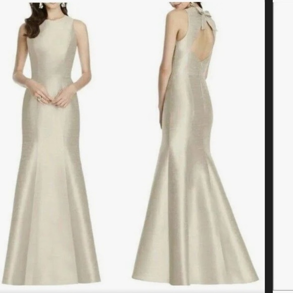 Alfred Sung D734 Bridesmaid Formal Dress Champange Dupioni Bow Open Back Sz 10 - Picture 2 of 7